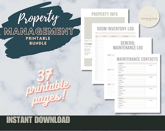 May include: A printable property management bundle with 37 pages. The bundle includes forms for property information, room inventory, general maintenance log, and maintenance contacts.