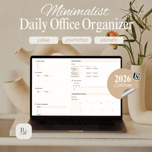 Mall för minimalistisk kontorsorganisatör 2026 | Daglig planerare, kalender, mötesspårare (redigerbar)