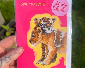 Love You Bestie Card | Tiger Cubs Cuddling, Animal Illustration