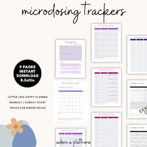 May include: A printable set of 9 pages of microdosing trackers in a purple and pink color scheme. The trackers are designed for a letter-sized planner and include a monthly tracker, a daily tracker, and a space for notes. The text "adore a plethora" is visible on one of the trackers.