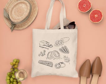 Canvas draagtas met bagel en lox | Foodie herbruikbare boodschappentas voor liefhebbers van ontbijt en brunch