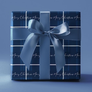 Festive Navy Plaid Wrapping Paper with &quot;Merry Christmas&quot;, Holiday Wrapping Paper, Christmas Gift Wrap, Gift Wrap Sheets, Elegant Gift Wrap