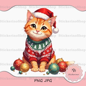 Chat persan de Noël PNG, clipart bébé minou, Portrait d'animal de compagnie, graphique animal festif, cadeau de Noël pour enfants, impression chat tigré, téléchargement numérique Jpg