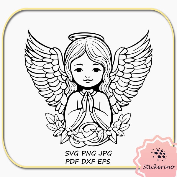 Angel Silhouette SVG Clipart | Black And White Elegance | Heavenly Crafts | Angel With Wings And Folded Hands Illustration Digital Download