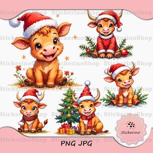 ハイランド牛のクリスマス クリップアート バンドル、クリスマス スカーフ カード デザイン、サンタ帽子 PNG、冬 PNG、人気の PNG、T シャツ デザイン、デジタル ダウンロード、DTF