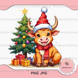 サンタの帽子をかぶったクリスマスハイランド牛PNG、クリスマスツリーのクリップアート、かわいいクリスマスプレゼント、クリスマススカーフカードのデザイン、昇華サプライ