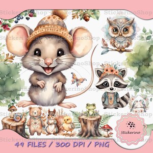 Watercolor Woodland Animals Clipart, Cute Forest Animal Illustrations, Nursery Decor Image, Baby Shower Graphics, Bear Fox Owl PNG Set