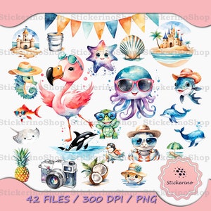 Watercolor Beach Animals Clipart Set, Cute Summer Animal With Hat PNG, Beach Bundle, Hot Season Image Bundle, Seaside Nursery Illustration
