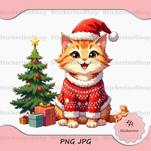 Gato persa navideño PNG, Clip Art de gatito bebé, Regalo para amantes de los animales, Gráfico festivo para mascotas, Tarjeta de regalo de Navidad para niños, Impresión de gato atigrado, DTF, Descarga digital