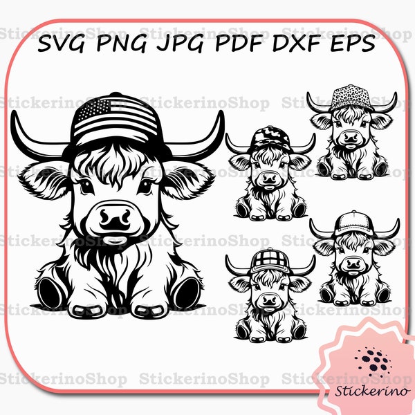 Monochrome Highland Cow in Cap SVG Bundle | Black And White Highland Cattle PNG | Western Sublimation Design | Digital Download | PNG File