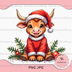 Boże Narodzenie Highland Cow Nosząca Czapkę Mikołaja Png, Clipart Bożonarodzeniowy, Obraz Jemioły Highland Cow, Uroczy Projekt Karty Bożonarodzeniowej, Dostawa Sublimacji