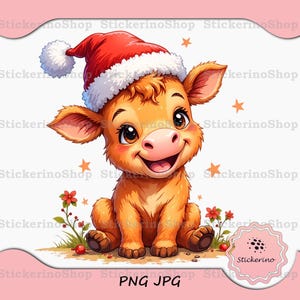 Boże Narodzenie Highland Cow Nosząca Czapkę Mikołaja Png, Clipart Bożonarodzeniowy, Zabawny Obraz Highland Cow, Projekt Kartki Bożonarodzeniowej, Materiały Do Rękodzieła I Sublimacji