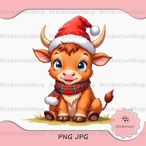 Boże Narodzenie Highland Cow Nosząca Czapkę Mikołaja Png, Clipart Bożonarodzeniowy, Zabawny Obraz Highland Cow, Projekt Kartki Bożonarodzeniowej, Materiały Do Rękodzieła I Sublimacji