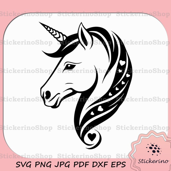 Unicorn Head SVG | Horse With Horn Shirt Design | Horse With Hearts Png | Downloadable DXF for Cricut and Silhouette | Sublimation Idea