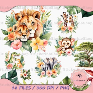 Ensemble aquarelle maman et bébé de clipart animaux safari, bébé animal, animal mignon PNG, animaux de la jungle, clipart baby shower, clipart fête des mères