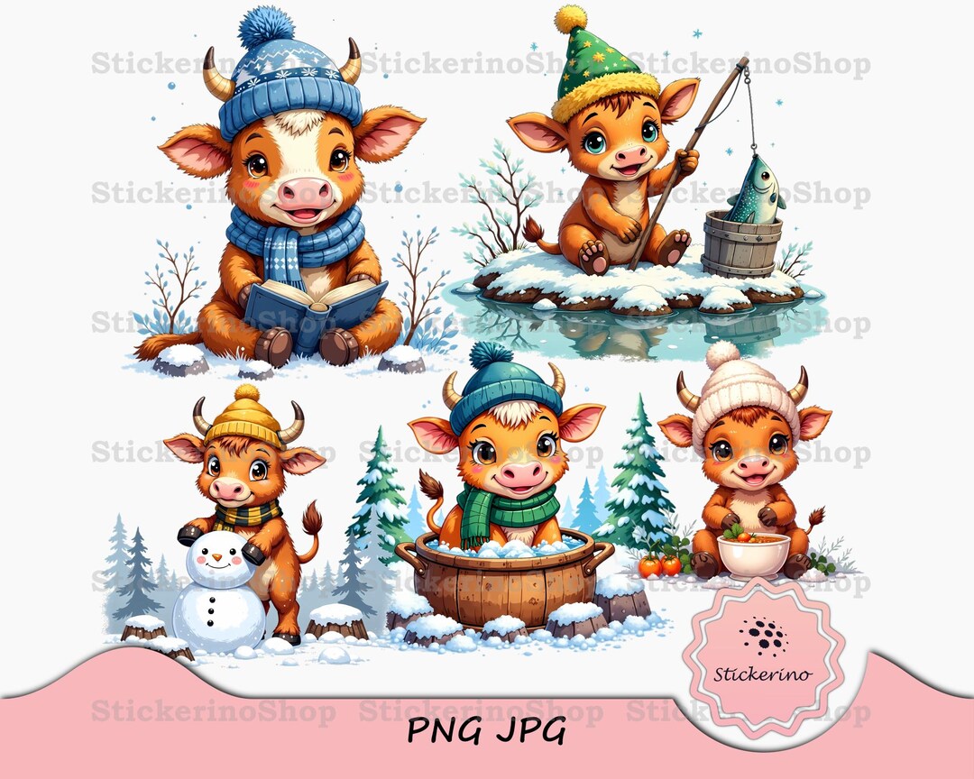 Highland Cow Clip Art PNG Bundle,water-color Calf Winter Clipart,animal ...