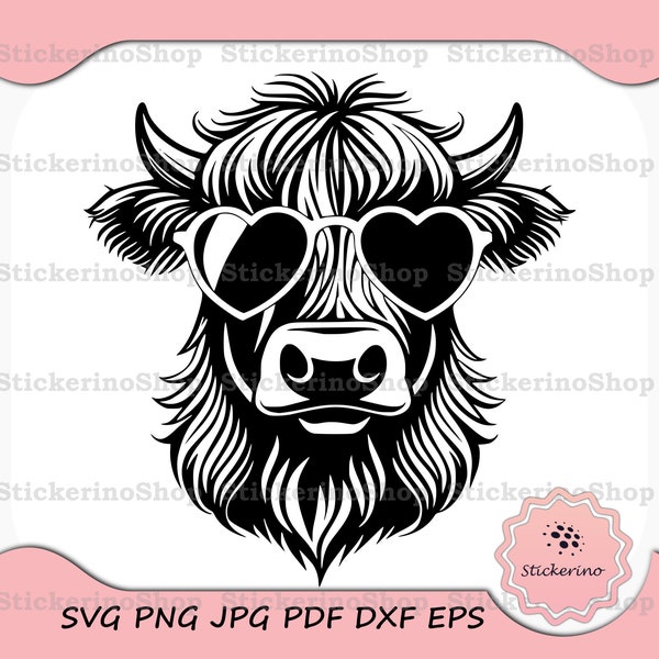 Highland Cow Head Wearing Heart-Shaped Sunglasses SVG PNG | Valentines Day Gift | Cute Highland Cattle Head Illustration | Instant Download