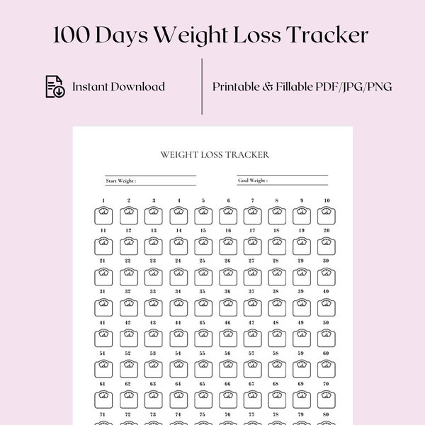 100 Day Weight Loss Tracker Printable, Weight Loss Challenge, Weight Loss Goal, Weight Loss Journey,  Instant Download PDF, JPEG, PNG