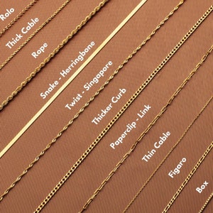 May include: A close-up view of 12 different gold chain styles, including thin curb, rolo, thick cable, rope, snake, twist, thicker curb, paperclip, thin cable, figaro, box, and thick curb.