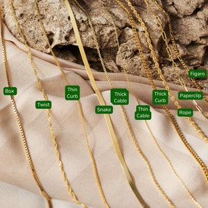 May include: A variety of gold chain styles, including box, twist, thin curb, snake, thick cable, thin cable, thick curb, paperclip, rope, and figaro.