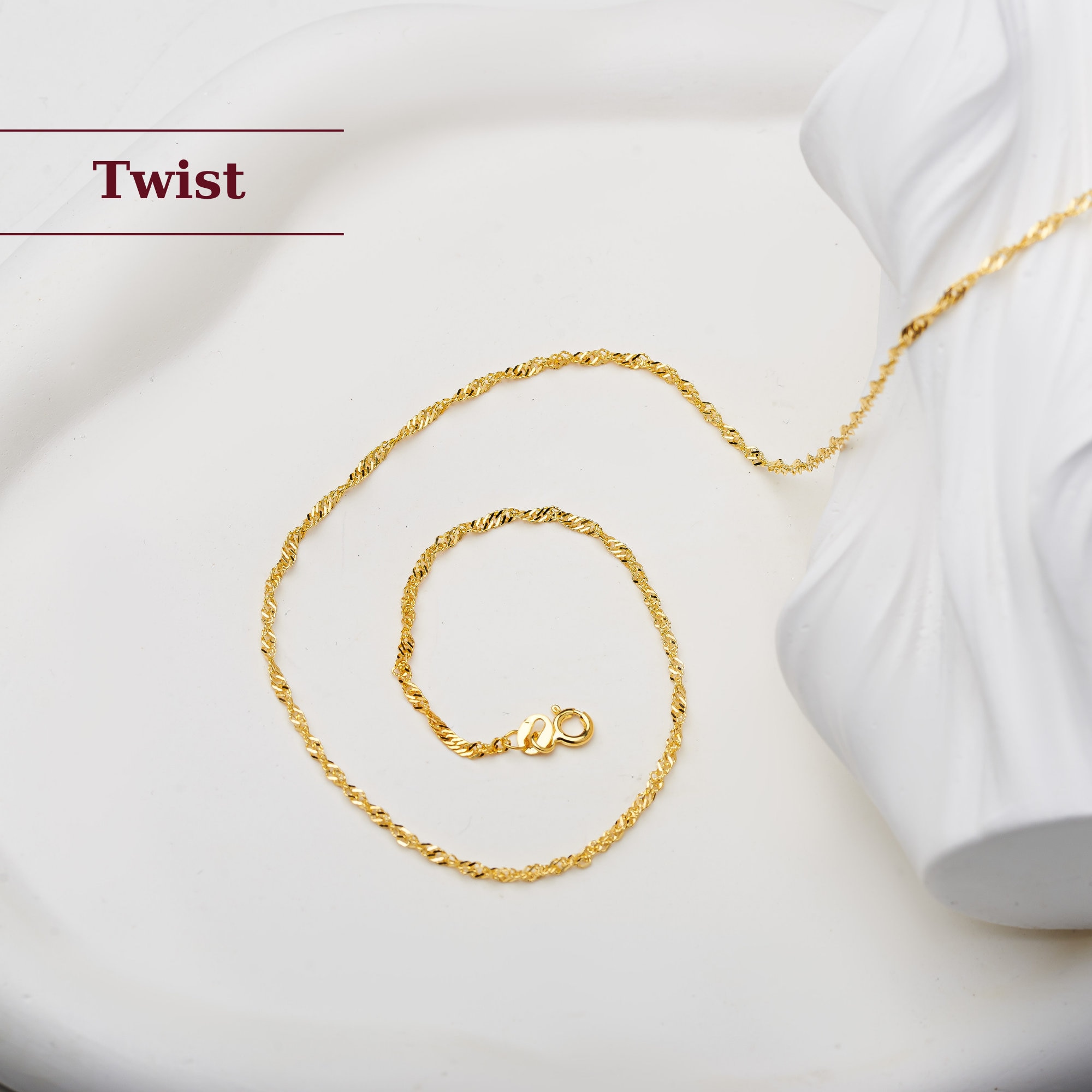18k Gold Twist Chain Necklace, Dainty Thin Chain Necklace, Singapore ...