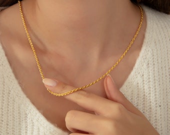 Cadena de collar de cuerda de oro de 14k, collar de cadena de cuerda delicada, cadena de oro simple, collar de capas, collar impermeable para mujeres