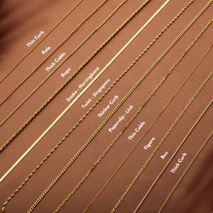 May include: A close-up view of 12 different gold chain styles, including thin curb, rolo, thick cable, rope, snake, twist, thicker curb, paperclip, thin cable, figaro, box, and thick curb.