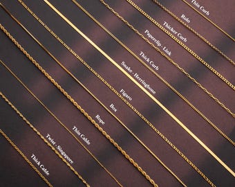 May include: A close-up view of 12 different gold chain styles, including thin curb, rolo, thicker curb, paperclip link, thick curb, snake herringbone, figaro, box, rope, thin cable, twist singapore, and thick cable.