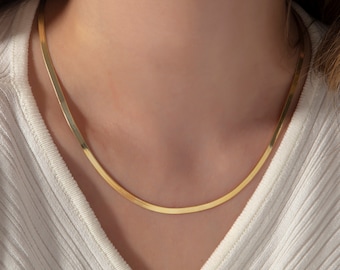 14K Gold Herringbone Chain Necklace, Snake Chain Necklace, Everyday Necklace for Women, Snake Necklace for Her, Simple Gold Necklace