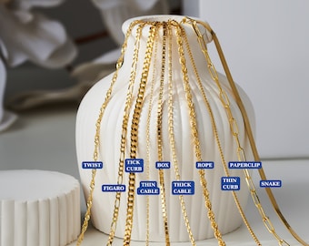 May include: A variety of gold chain styles displayed on a white vase. The chains include twist, tick curb, box, rope, paperclip, thin curb, figaro, thin cable, and thick cable.