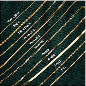 May include: A close-up of ten different gold chain styles, including thin cable, rope, thick cable, thick curb, thin curb, paperclip, figaro, snake, twist, and box chains. Each chain is labeled with its name.