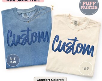 Custom Team Mom Shirt | Personalized Puff Print Comfort Colors Tee | Sleeve Print | Custom Game Day Shirt For Sports Moms