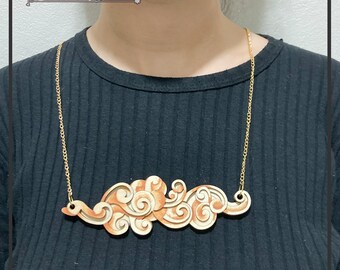 Art Deco Cloud Painting Plywood Necklace. Laser Cut, Acrylic Handmade Jewellery, Building Ornaments, Istanbulite Shop.