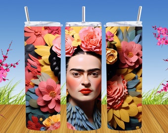 3D Frida Khalo 20 Unzen Skinny Tumbler Wrap, Envoltura para Vaso de Cafe 9,2 x 8,3 Derecho, Frida Calo PNG, Sublimationsdesign, Fridita