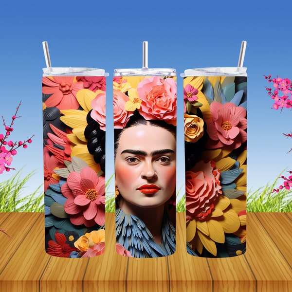 3D Frida Khalo 20oz Skinny Tumbler Wrap, Envoltura para Vaso de Cafe 9.2 x 8.3 Derecho, Resize, Frida Calo PNG, Sublimation Design, Fridita