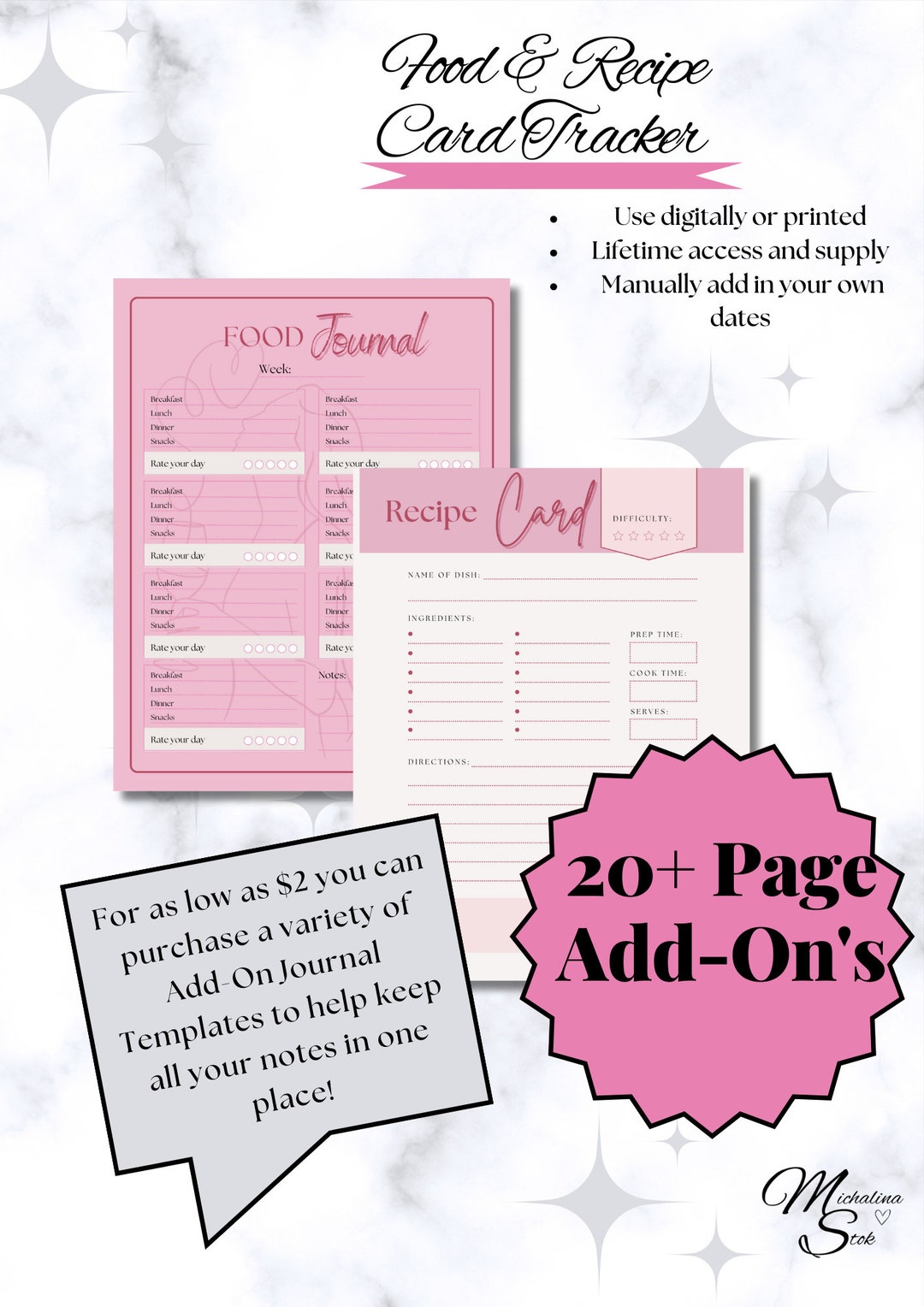 Recipe Card and Food Tracker - Journal Templates I Digital Download I 2 ...