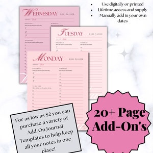 May include: A pink and white printable daily planner with the words "Day Planner - Full Week Schedule Maker" at the top. The planner includes sections for "Daily Big 1", "Schedule", and "To Do List". The planner is available for purchase for $2 and includes 20+ page add-ons.