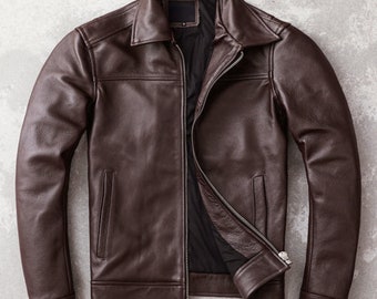Men's Vintage Brown Leather Jacket - Slim Fit, Genuine Leather