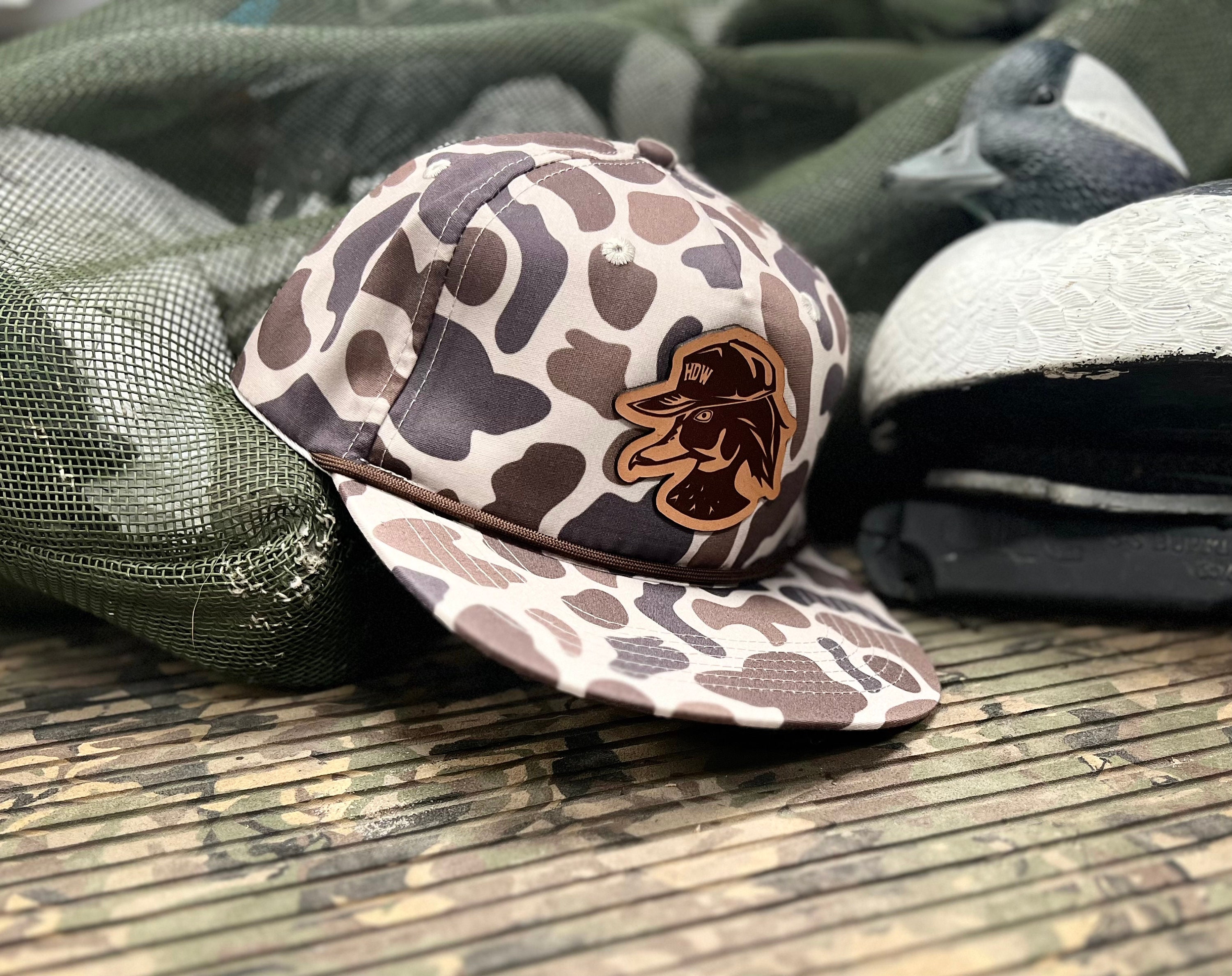 Old School Duck Camo Rope Hat - Wood Duck Logo - Leather Patch Hats