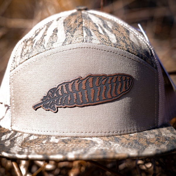 Mossy Oak Bottomland Camo 7 Panel Hat - Leather Turkey Feather  Patch - Snap Back Hats