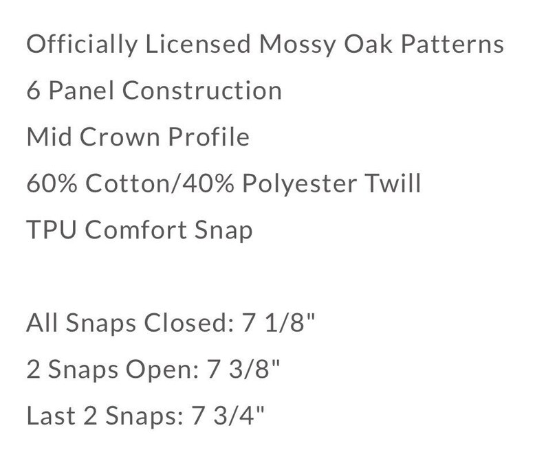 May include: Text description of a hat's features. The hat is officially licensed with Mossy Oak patterns, featuring a 6-panel construction and a mid-crown profile. Made of 60% cotton and 40% polyester twill with a TPU comfort snap. Measurements: 7 1/8", 7 3/8", and 7 3/4".
