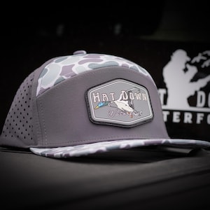 Waterproof 7 Panel Hats - Sage Gray Old School Duck Camo - HDW Mallard PVC Patch