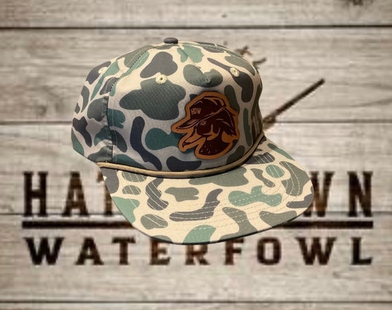 Old School Marsh Camo Rope Hat - Wood Duck Logo - Leather Patch Hats - Duck  Camo Hat