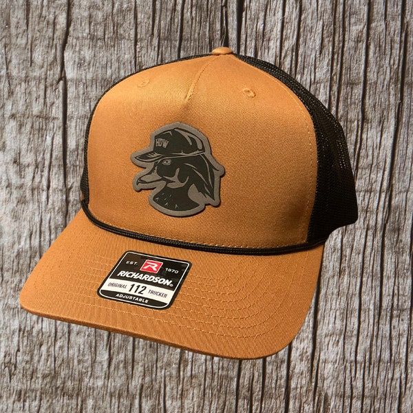 Leather Patch Trucker Hat - Gray/Black Wood Duck Logo - Caramel/Black Richardson 112 - 5 Panel