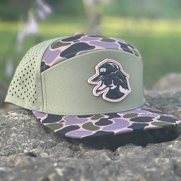 Waterproof 7 Panel Hats - Old School Duck Camo - HDW Wood Duck Logo - PVC Patch - Swamp Runner Hat