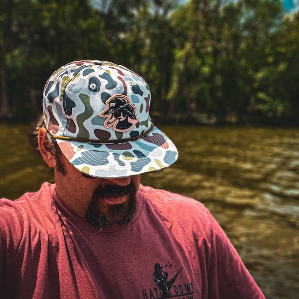 Old School Brackish Camo Rope Hat - PVC Wood Duck Logo Patch - Duck Camo Hat