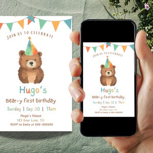 Bearbeitbare Bären-Geburtstagseinladung, benutzerdefinierte Geburtstagseinladung zum Thema Bär, Baby's Geburtstag druckbar