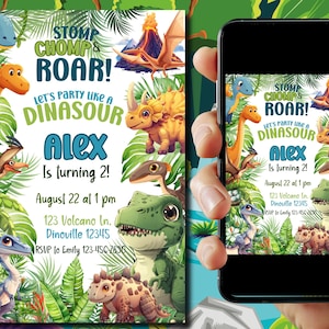 Convite de aniversário de dinossauro, convite personalizado para meninos e meninas, tema de festa de aniversário de dinossauro, 1º aniversário editável, 2º, 3º e 4º aniversário de dinossauros menino