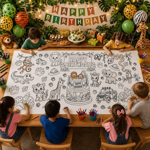 May include: A large rectangular paper coloring poster featuring a jungle theme with illustrations of a monkey, lion, crocodile, tiger, giraffe, zebra, elephant, and a safari jeep, with the text Happy Birthday in the center and on a cake.
