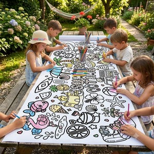 Op de afbeelding: Een lange witte kleurplaat op papier met zwarte omlijningen van zomerse iconen zoals een zandkasteel, palmbomen, ijsjes en een flamingo, ingekleurd door kinderen met viltstiften op een houten tafel in de buitenlucht.
